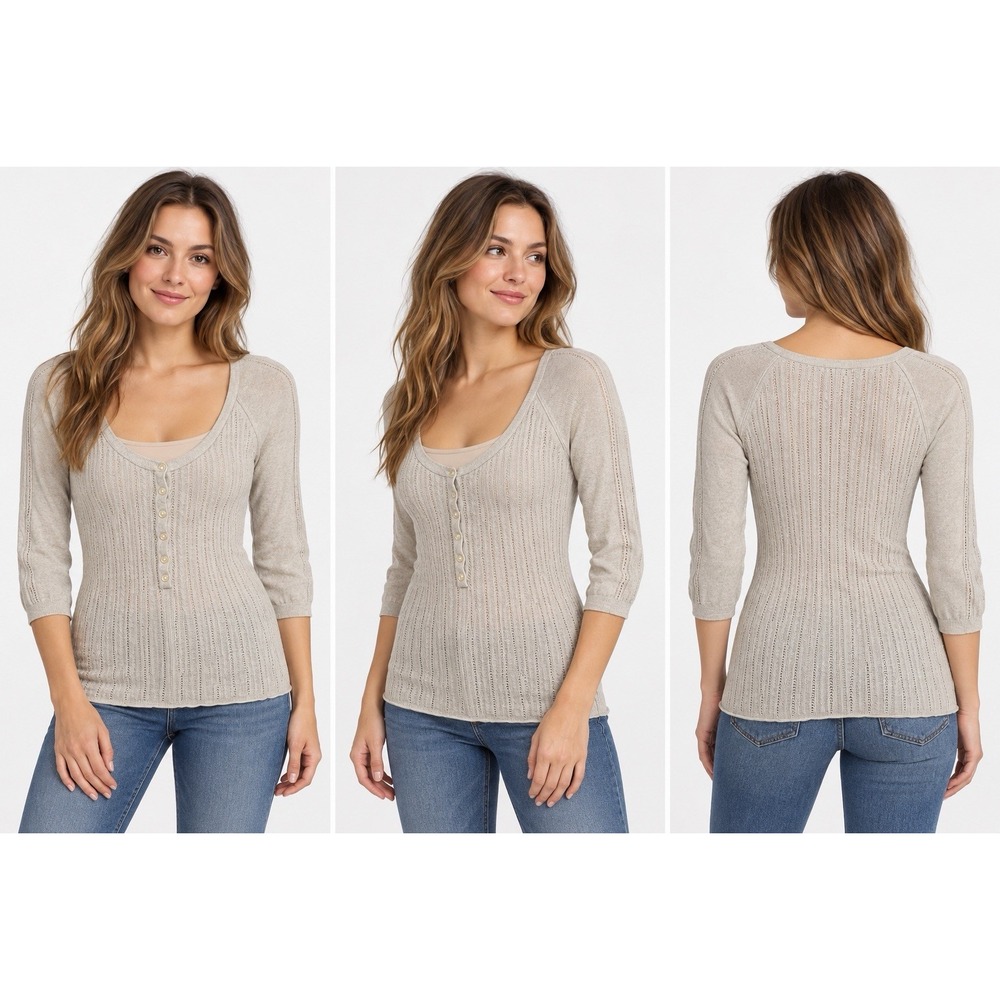 Vintage American Eagle Women's Large Oatmeal King Henley Top Preppy Y2K